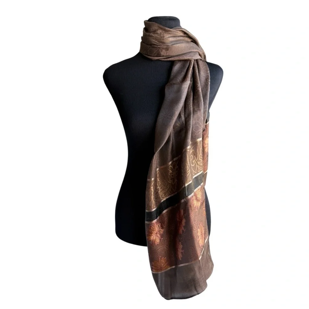 100% Silk Scarf Embroidered Brown Floral Scarf 67x21 Thanksgiving Preppy Fall
